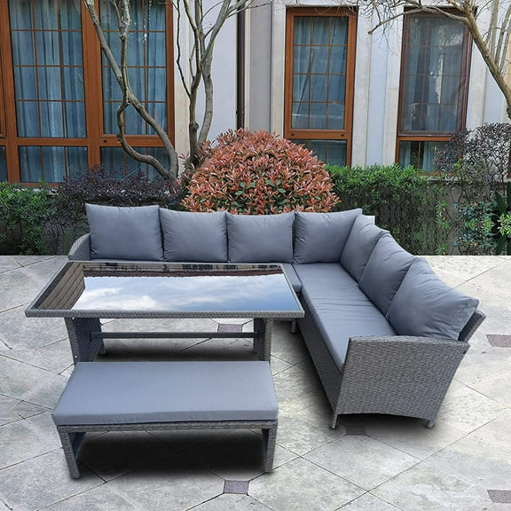 Furniture One 4 Mental Hand-Woven Outdoor Conversation Sets with Sofa and Table, Gray
