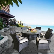 Furniture One 7 Pieces Outdoor Dining Table and Chairs Set, All-Weather Rust-Resistant Cast Aluminium Full Assemble, Patio Furniture Set 6 Seats, Round Glass Table Top with Umbrella Hole, Mix Brown