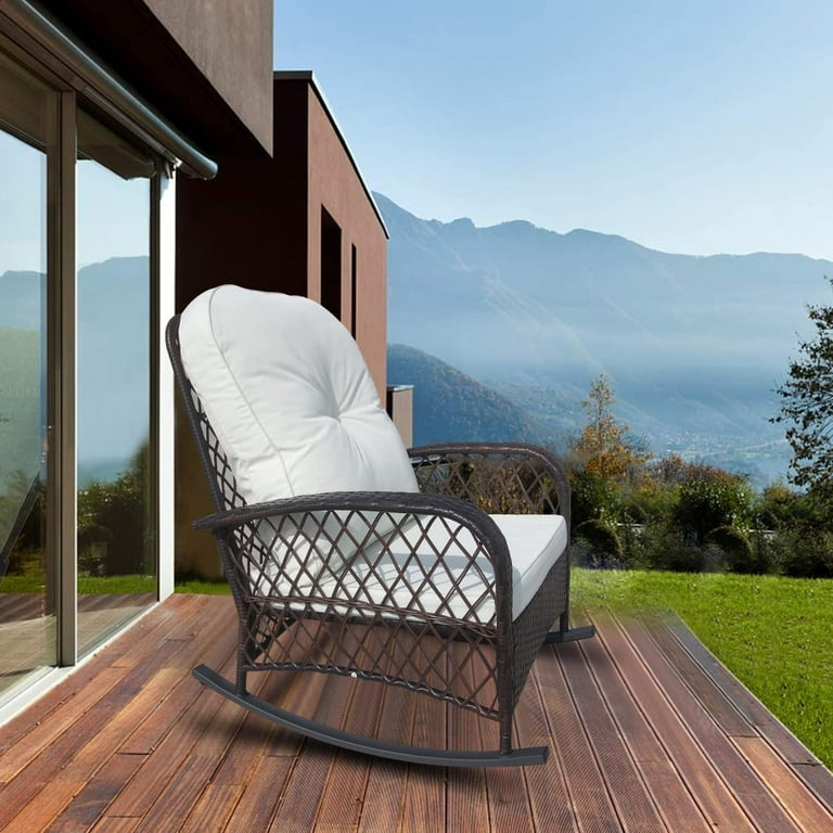 Furniture One Outdoor Wicker Rocking Chair Patio Rattan Rocker Chair with Cushions Steel Frame All Weather Rocking Lawn Wicker Furniture for