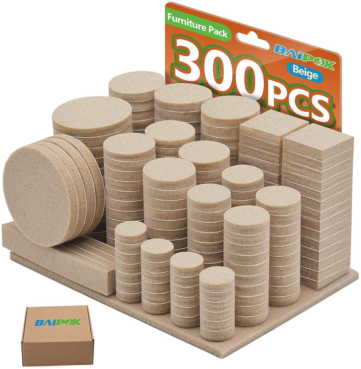 Beige Felt Self-Adhesive Furniture Pads Variety Pack, 300 Pieces