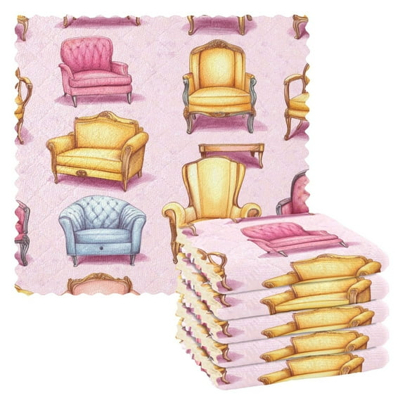 Furniture Patterns Pink Background Kitchen Cloth Dish Towels for Drying Washing Absorbent Dish Rags 6 Pack
