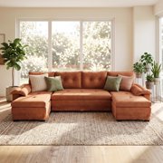 Furniture R 109.5" U-Shaped Sleeper Sofa with Pull Out Bed, Convertible Sectional Couch with Removable Armrests, USB Ports, Chenille Upholstered Modular Sofa for Living Room, ORANGE