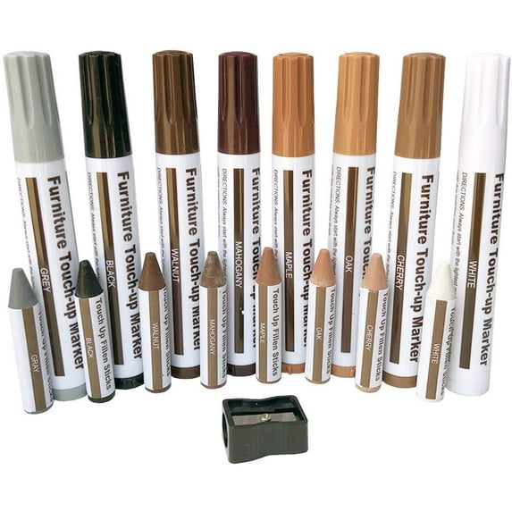 Furniture Repair Kit Wood Markers - Set of 17 - Markers and Wax Sticks with Sharpener Kit, for Stains, Scratches, Wood Floors, Tables, Desks, Carpenters, Bedposts, Touch Ups, and Cover Ups