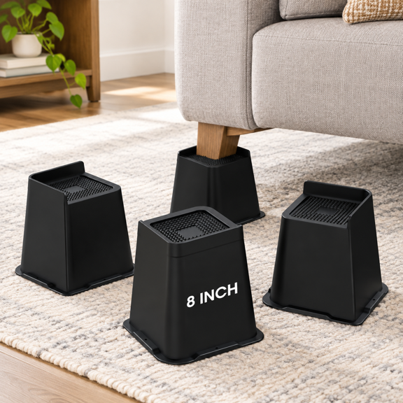 Furniture Risers Black 4 Pack 8 Inch L-Shaped Design for Heavy Loads Up To 6000 Lbs
