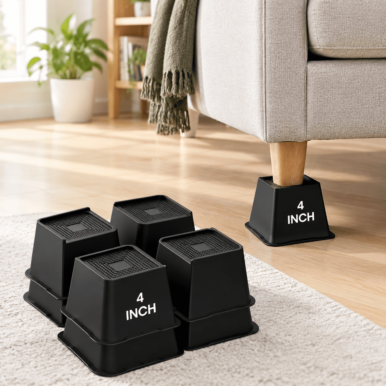 Furniture Risers, Black 8 Pack, 4 Inch, Heavy Duty L-Shaped Design for ...