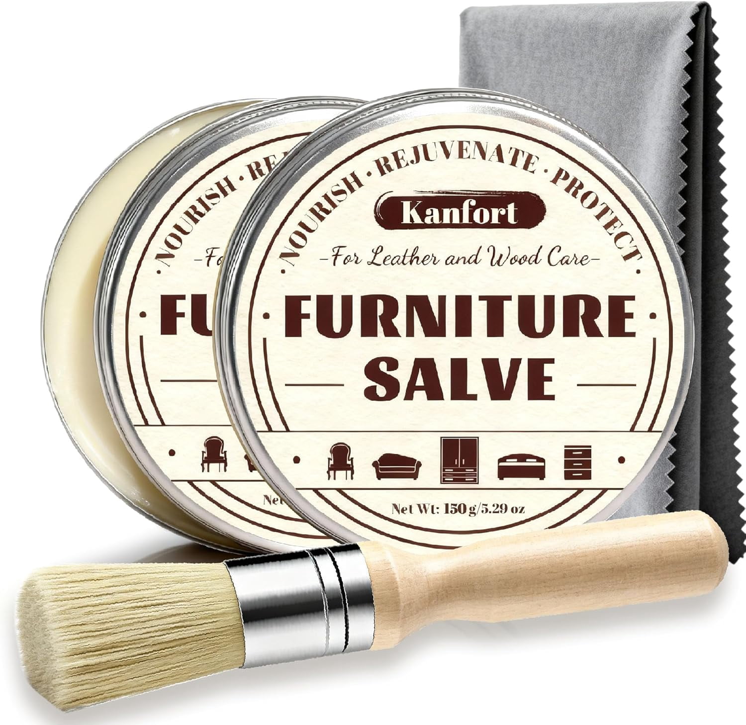 Furniture Salve 2PCS, Polisher and Conditioner for Leather Couch, Leather and Wood Furniture Salve with Brush and Polishing Cloth for Home, Sofa, Boots, Bags