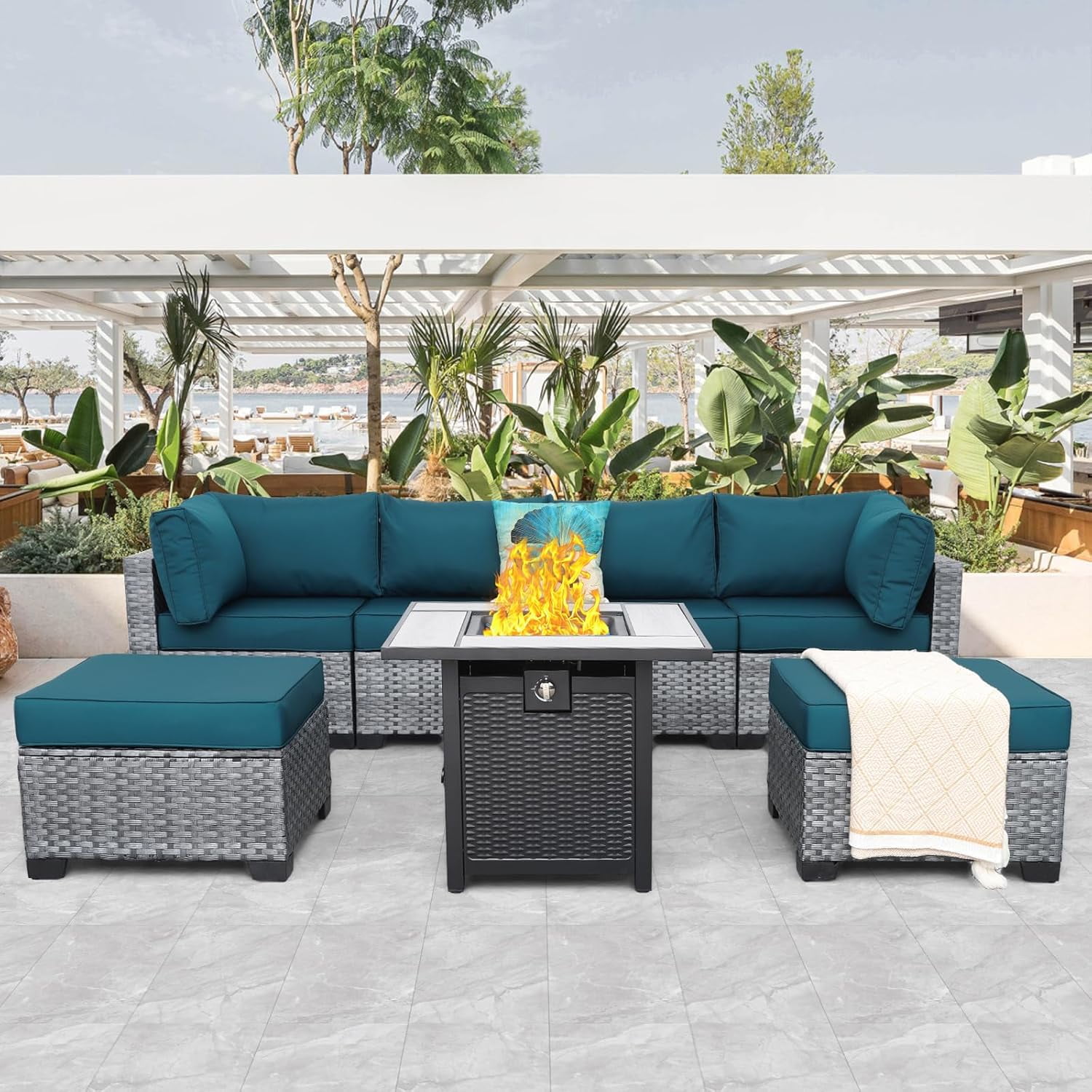 Furniture Set 7 Pieces Gray Rattan Outdoor Sectional Sofa PE