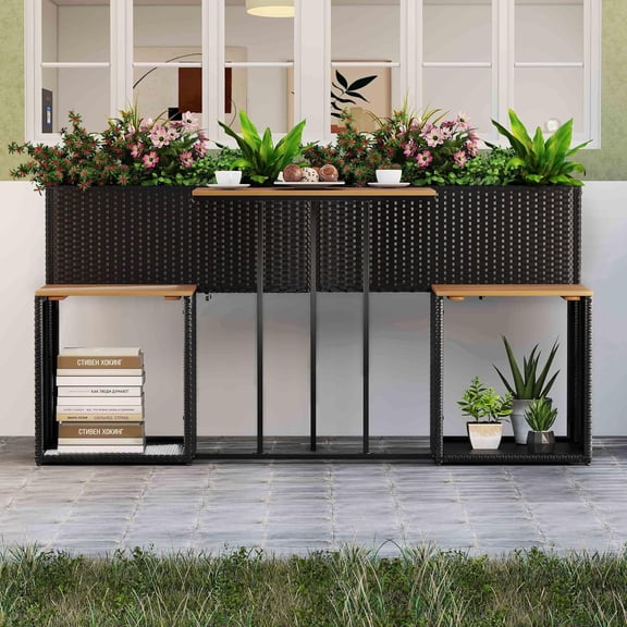 Furniture Set with Raised Garden Bed, PE Rattan Planter Table and Built-in Chairs