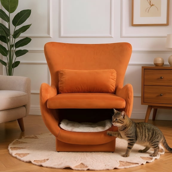 Furniture Style 2 in 1 Pet Friendly Modern Velvet Lounge Chair, Upholstered Back Accent Chair Leisure Single Sofa Chair for Living Room Office, Orange