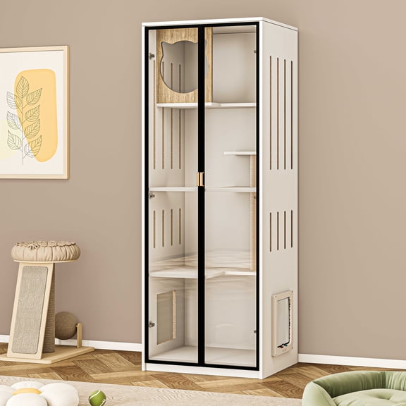 Furniture Style Cat House With Cat Climbing Frame, Enclosed Glass Cat Cabinet Cat Villa Pet Display Cabinet for Living Room Bedroom Balcony