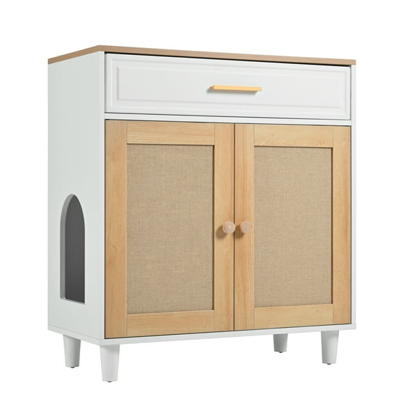 Furniture Style Cat Litter Box Enclosure, Hidden Cat House with Sisal Scratching Doors & Charging Station, Pet-Friendly Cabinet for Indoor Cats, Beige & White