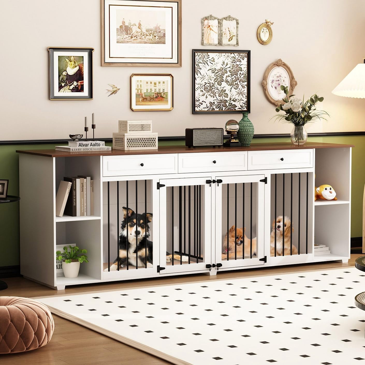 Image showcasing Furniture Style Dog Crate for 2 Large Medium Dogs, 94.8 Inch Heavy Duty ...