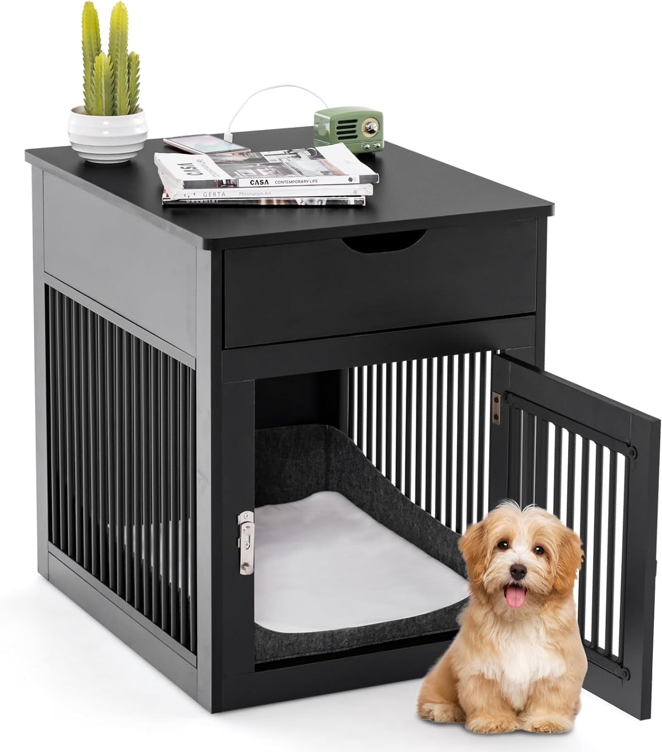 Furniture Style Dog Crate, Decorative Dog Kennel End Table with USB & Wireless Charging Station, Storage Drawer, Indoor Dog House for Small Dogs (Black)