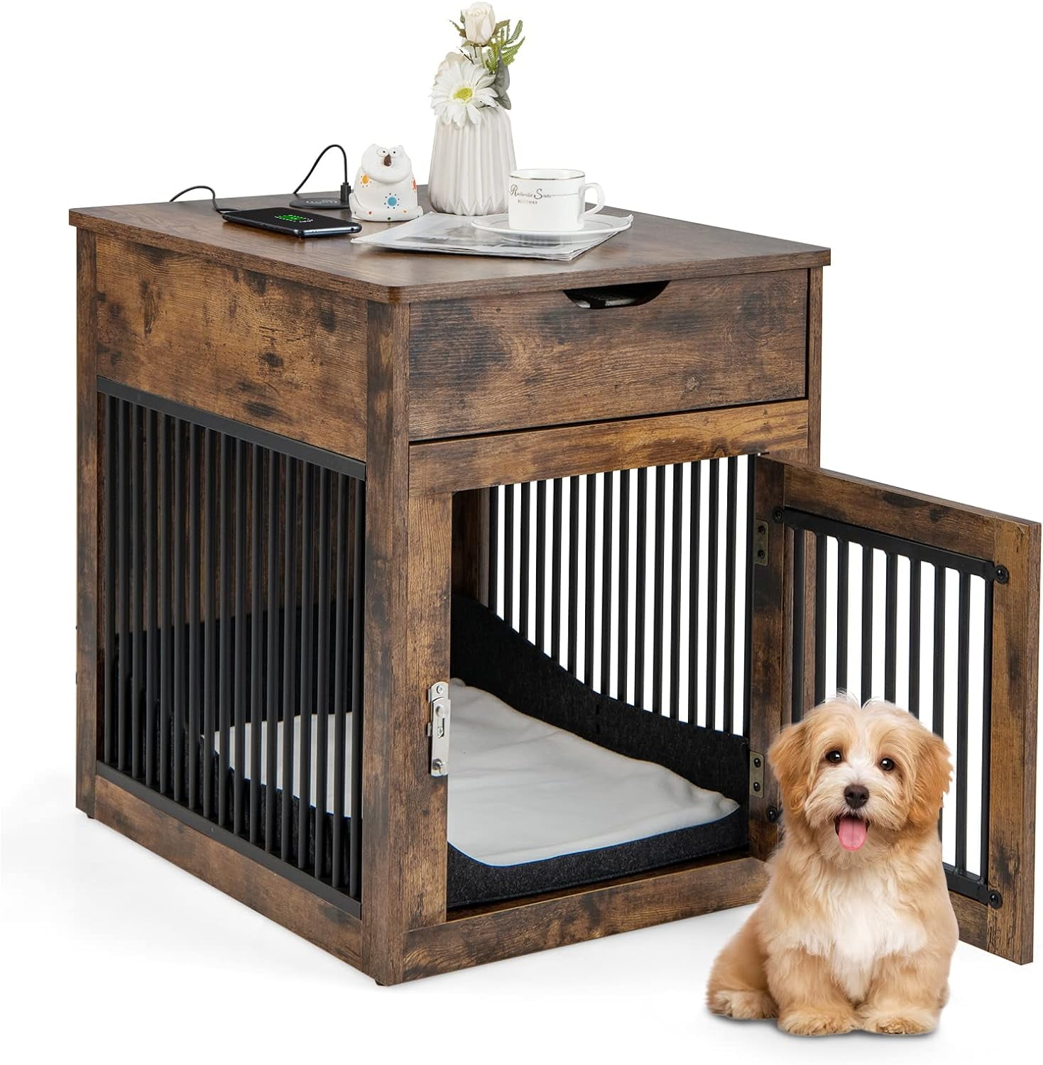 Furniture Style Dog Crate, Decorative Dog Kennel End Table with USB & Wireless Charging Station, Storage Drawer, Indoor Dog House for Small Dogs (Rustic Brown)