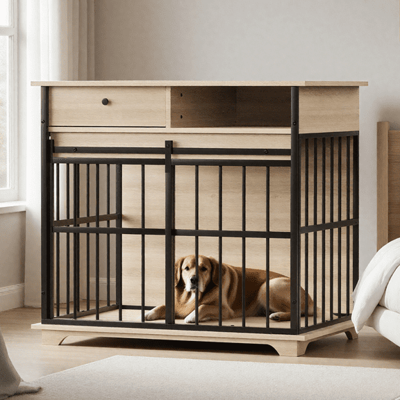 Furniture Style Dog Crate End Table, MDF & Metal Indoor Pet Kennel with Storage Drawer & Side Compartment, Safety Rounded Bar Dog Cage for Small Medium Dogs, Decorative Dog House Side Table