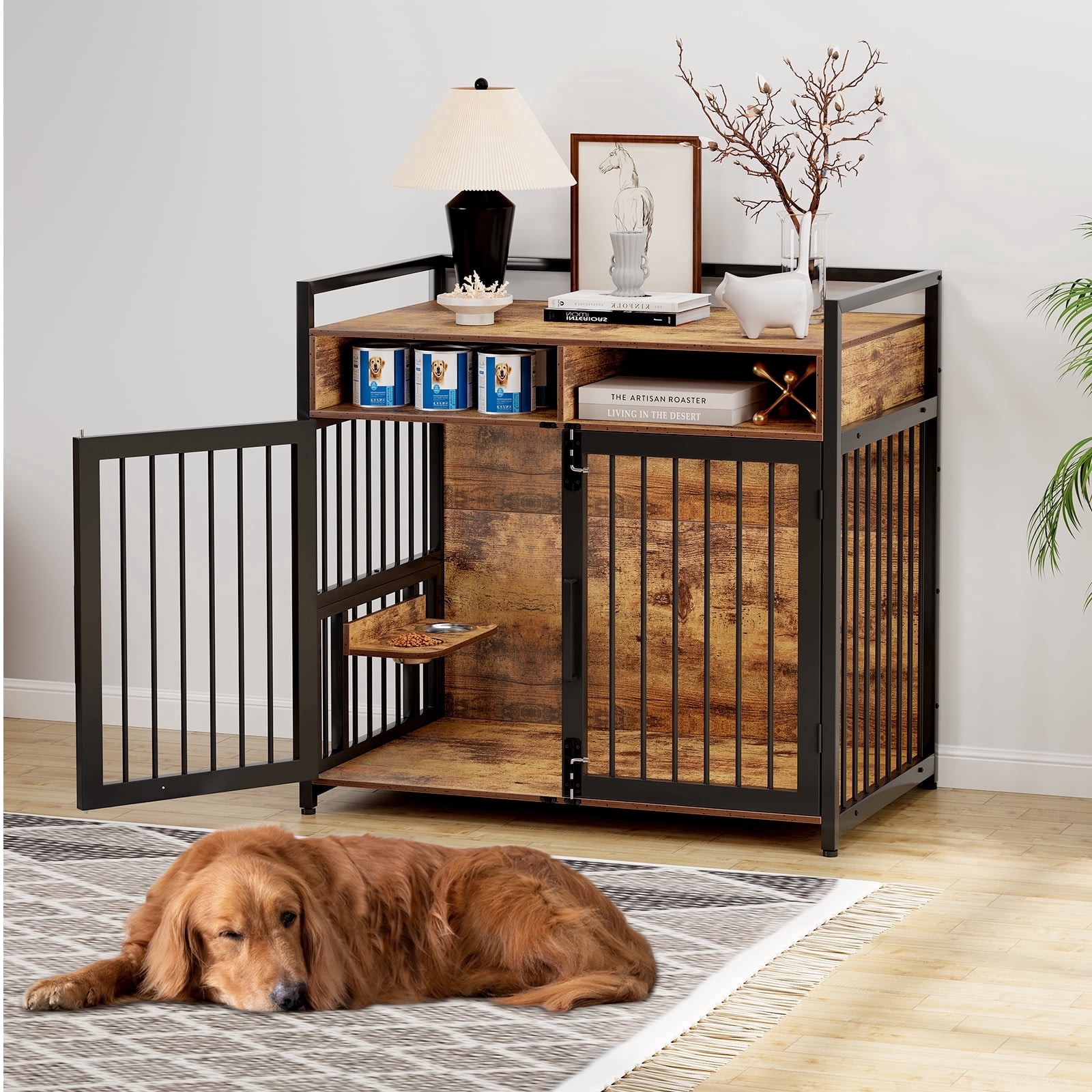 Shininglove 48“ Rustic/Lodge Storage and Adjustable Raised Feeder MDF and Iron End Table, Brown