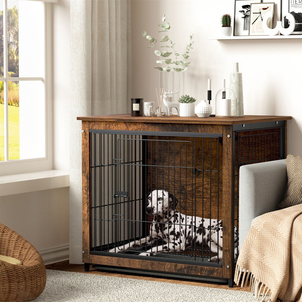 Furniture Style Dog Crate with Tray Mesh Dog Kennels with Two Doors End
