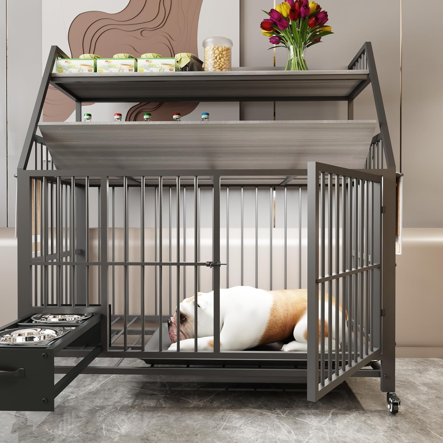 Furniture-Style Large Dog Crate w/Storage Shelves & Drawers, Stainless ...