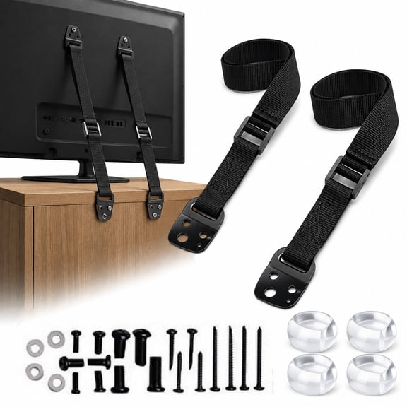 Furniture and TV Anti-Tip Straps (2-Pack) for Baby Proofing & Child Protection | Adjustable Wall Anchor Safety Kit | Secure Cabinets & Bookshelf from Falling-Black