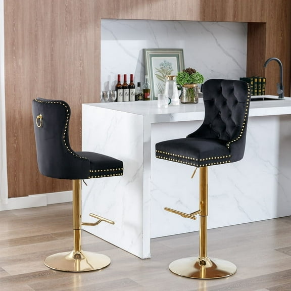 Furniture,Thick Golden Swivel Velvet Barstools Adjusatble Seat Height from 27-35 Inch, Modern Upholstered Bar Stools with Backs Comfortable Tufted for Home Pub and Kitchen Island (Black,Set of 2)