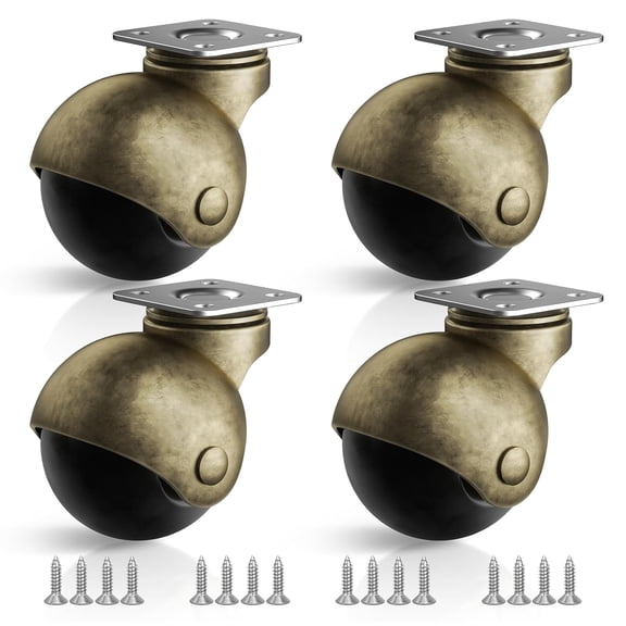 Furniture Wheels 4 Pack, 1.5 Inch Ball Caster Wheels, Brass Casters Set of 4, Plate Swivel Small Castors for Furniture, Kitchen, Cabinet, Table, Max Load Capacity 200 LBS(with Screws)
