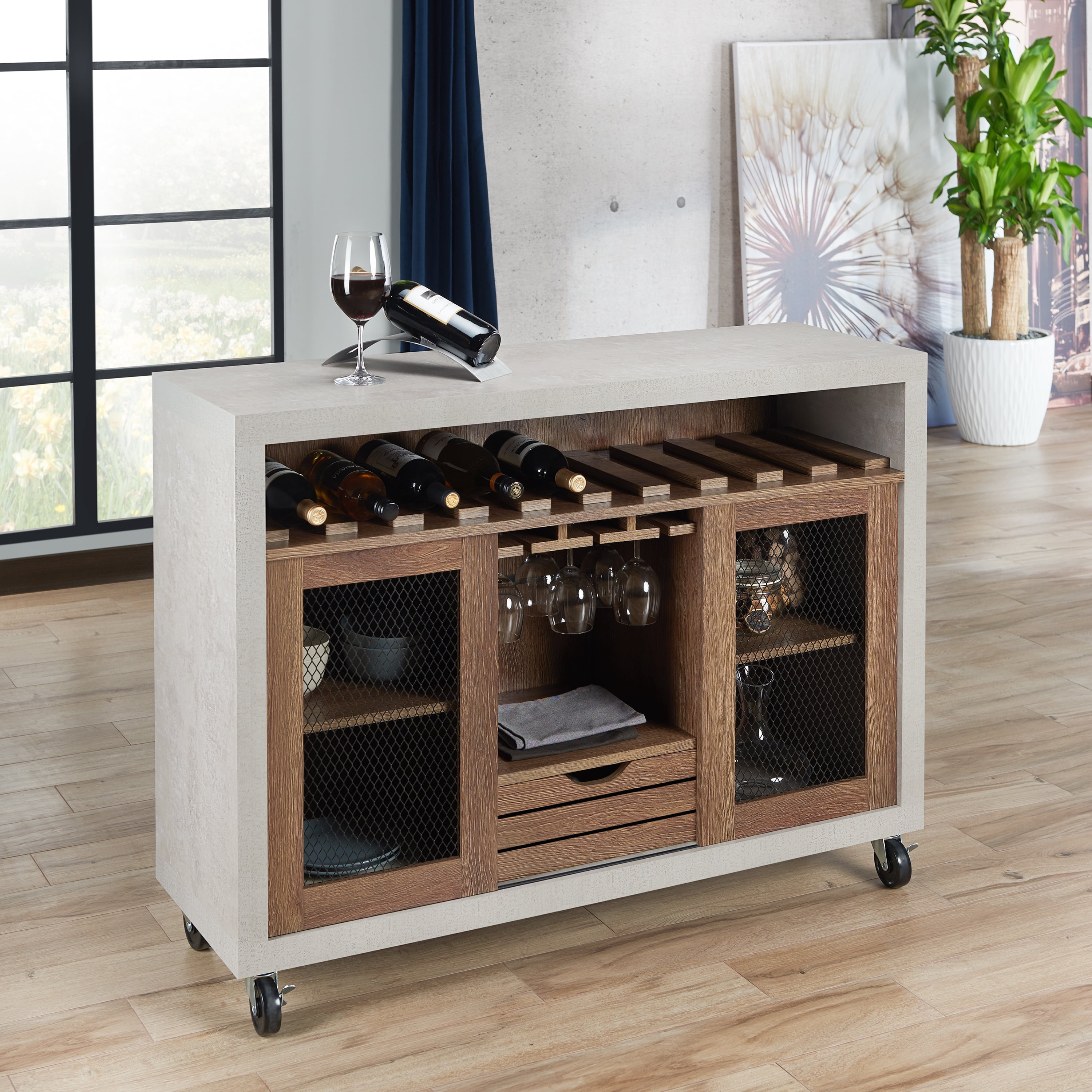 Furniture of America 47" Joslyn Industrial Wood Multi-Storage Sideboard Buffet, Distressed Walnut
