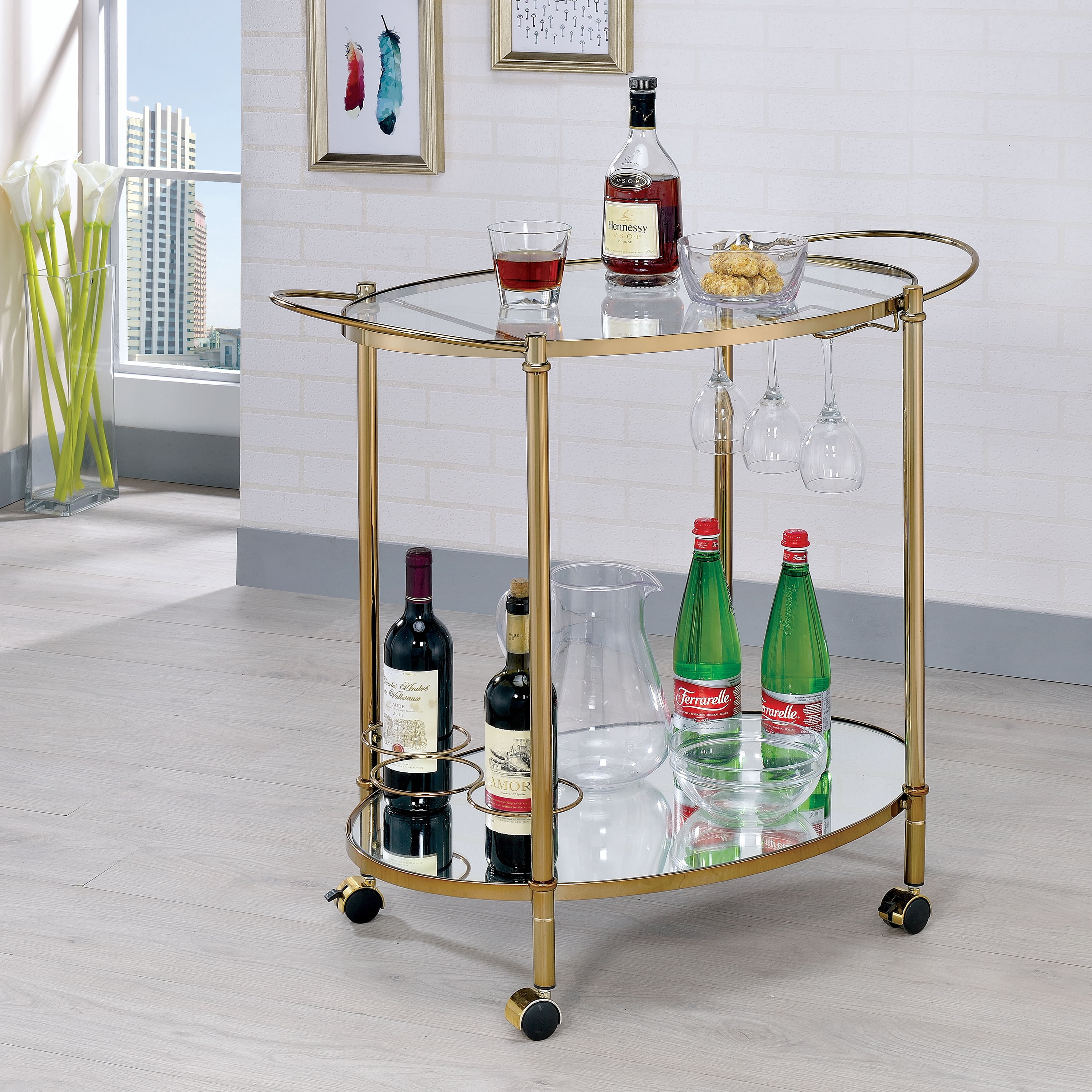 Furniture of America Acquer Contemporary 2-Shelf Serving Cart, Champagne