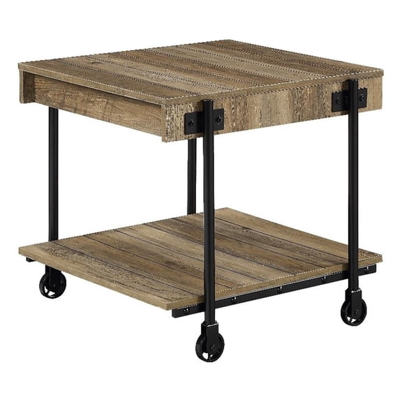 Furniture of America Acres Wood Oak End Table with Metal Black Wheels