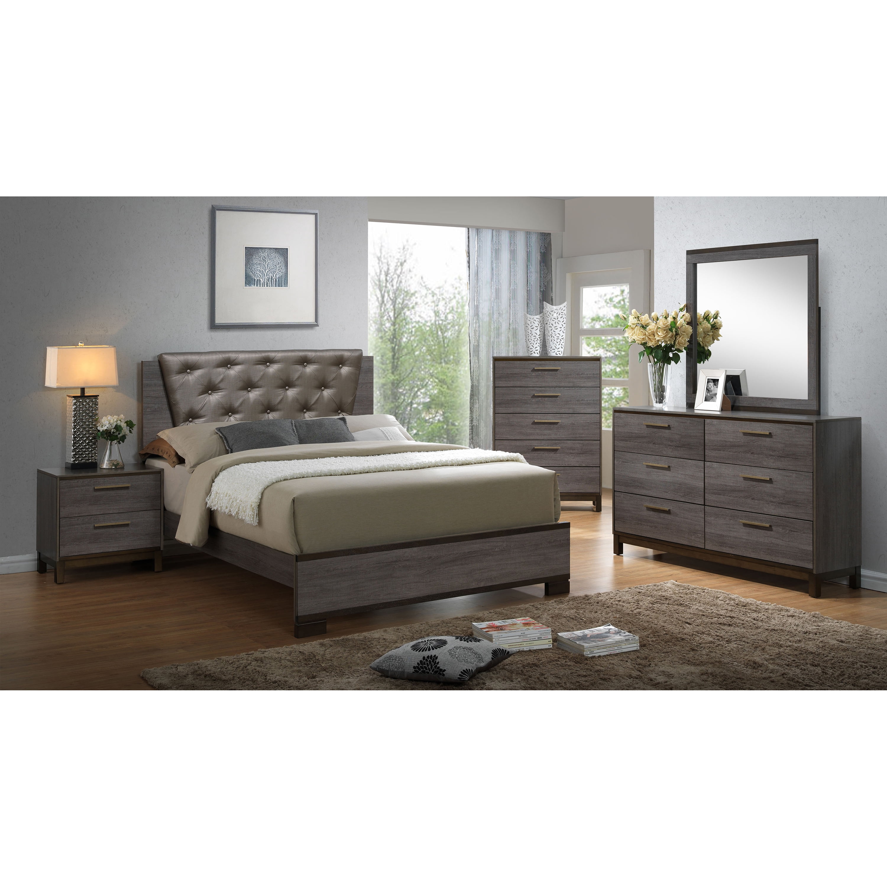 Furniture of America Adelina Bedroom Set, 1 Queen Bed, 1 Nightstand, 1 Dresser, 1 Mirror, Two-Tone Antique Gray