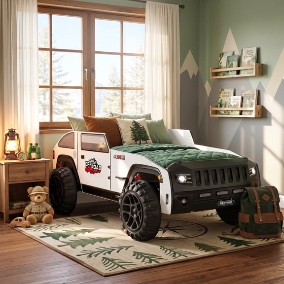 Furniture of America Adventure Kids Twin ABS Plastic Platform Bed with LED Headlights, Jeep Design, Black and White