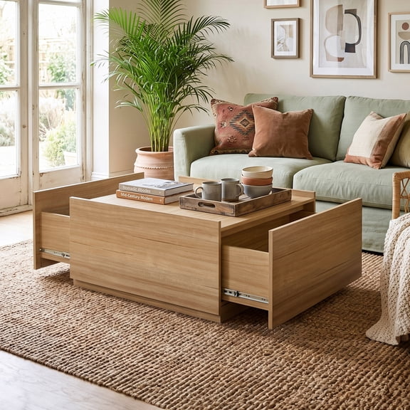 Furniture of America Afra Modern Wood 2-Drawer Square Storage Coffee Table, Natural