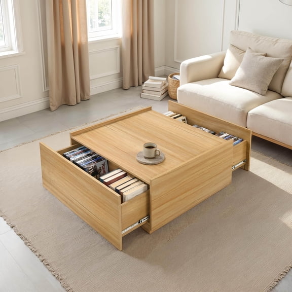 Furniture of America Afra Modern Wood 2-Drawer Square Storage Coffee Table, Natural