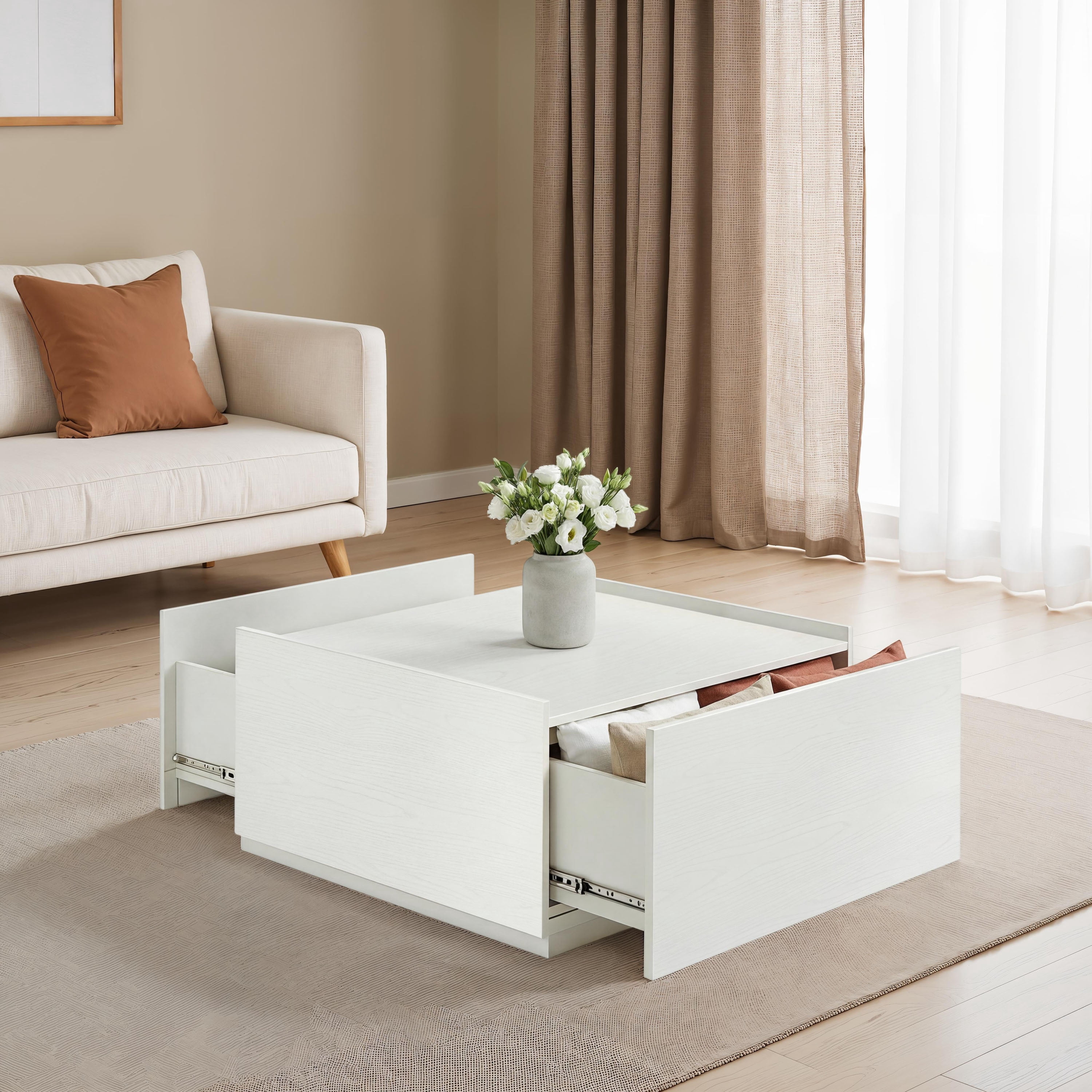 Furniture of America Afra Modern Wood 2-Drawer Square Storage Coffee Table, White