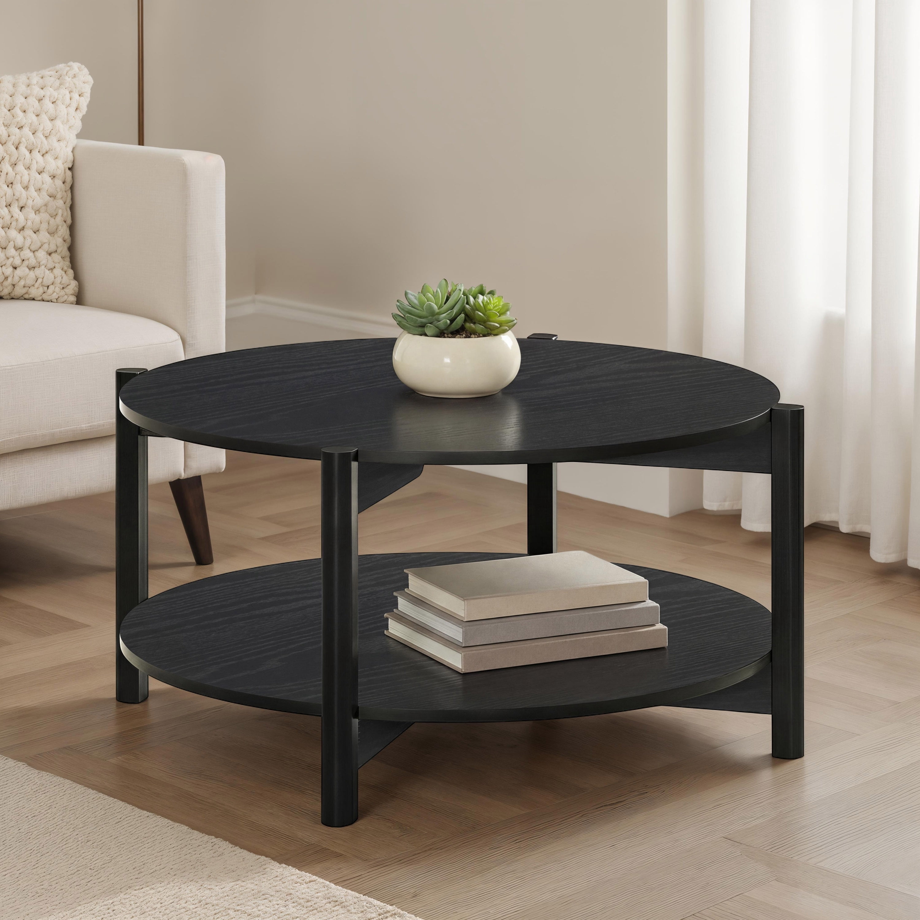 Furniture of America Afra Modern Wood Round Coffee Table with Open Bottom Shelf, Black
