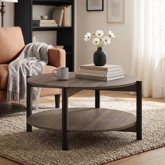 Furniture of America Afra Modern Wood Round Coffee Table with Open Bottom Shelf, Dark Gray