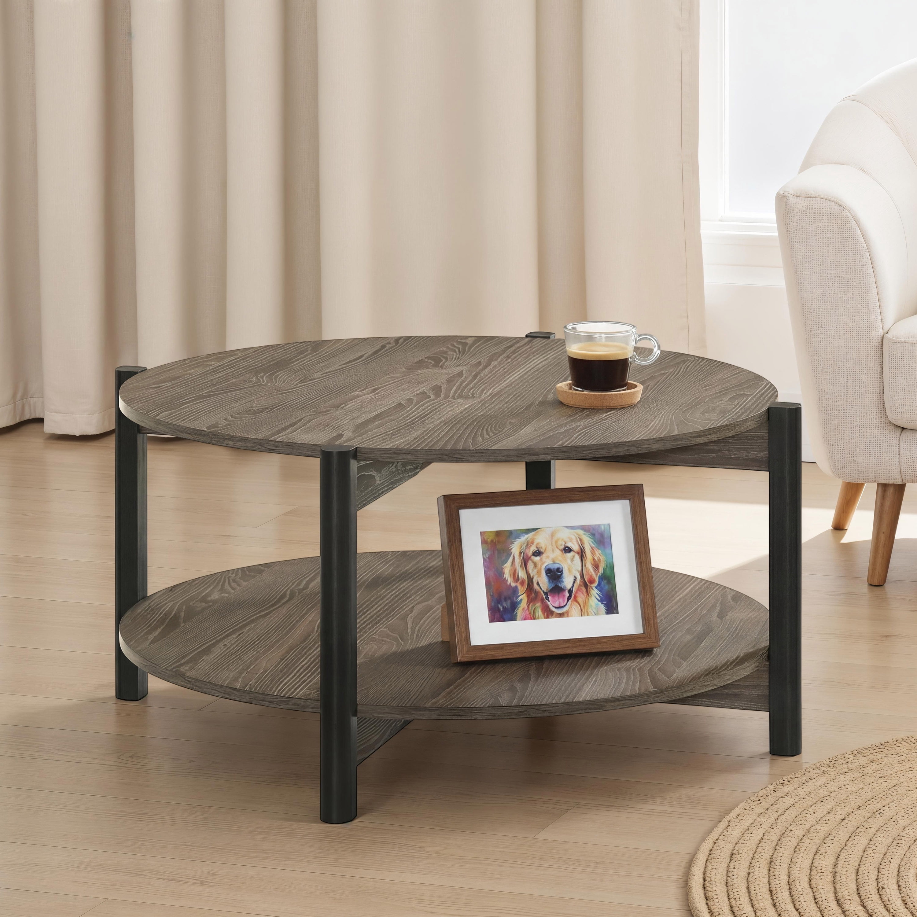 Furniture of America Afra Modern Wood Round Coffee Table with Open Bottom Shelf, Dark Gray