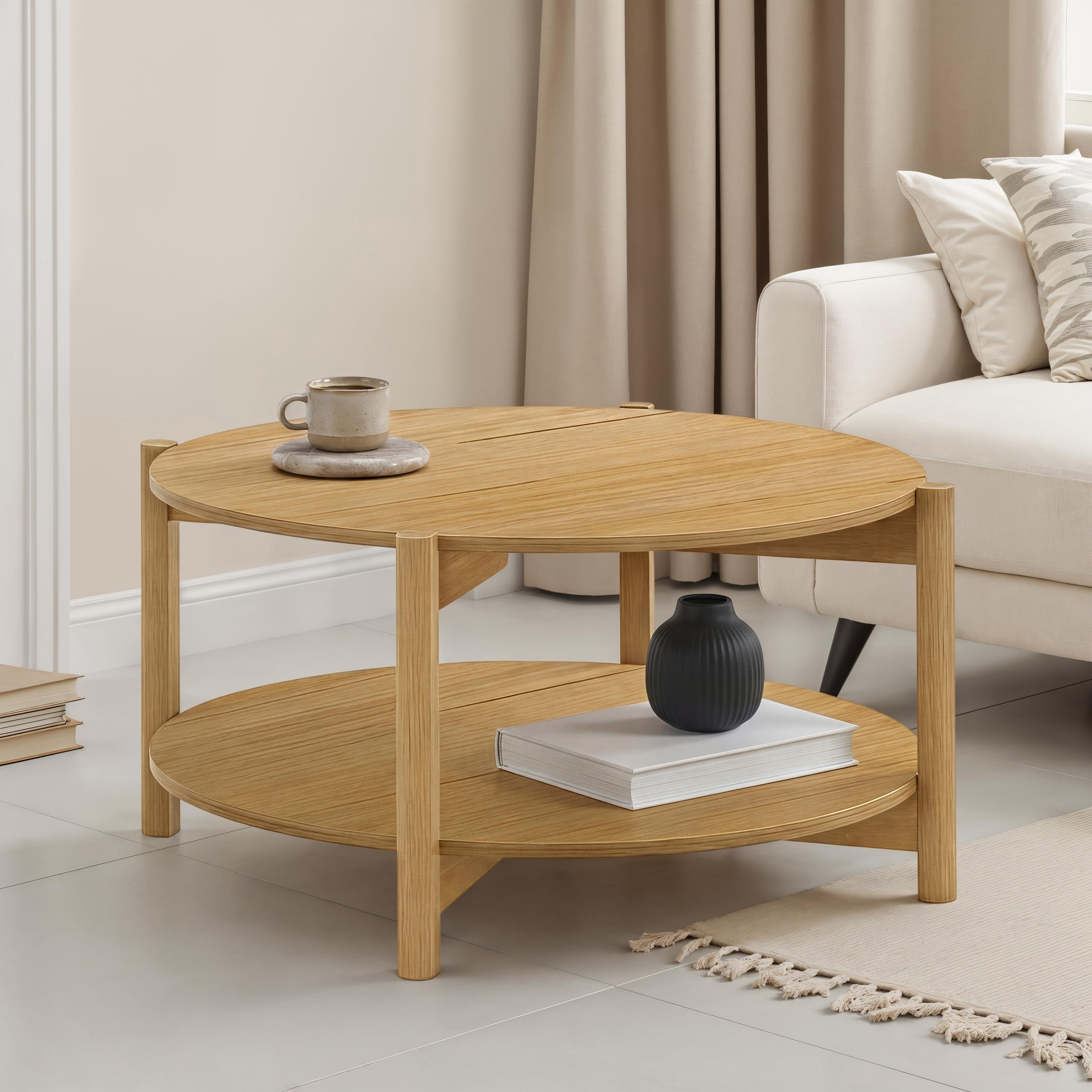 Furniture of America Afra Modern Wood Round Coffee Table with Open Bottom Shelf, Natural