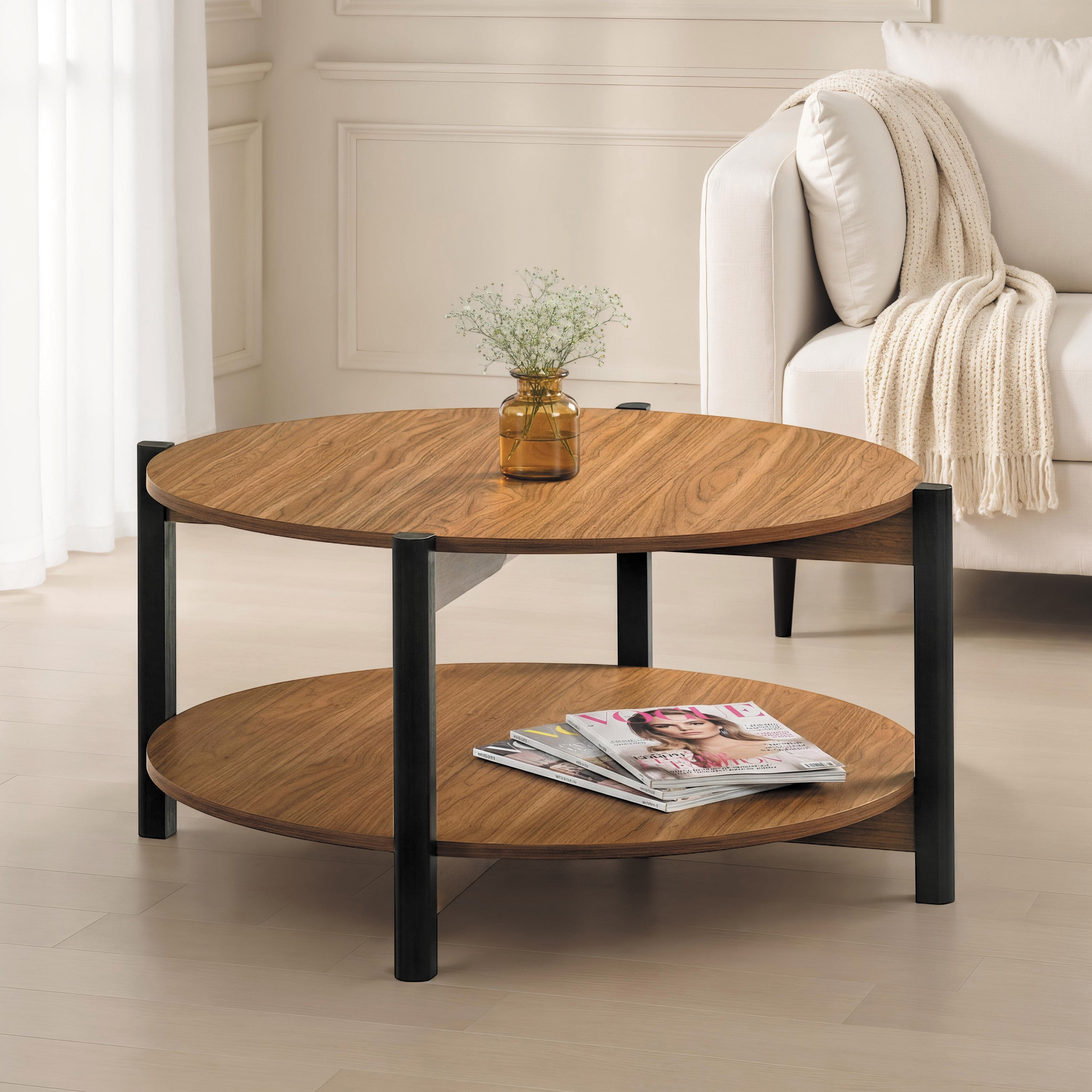 Furniture of America Afra Modern Wood Round Coffee Table with Open Bottom Shelf, Walnut