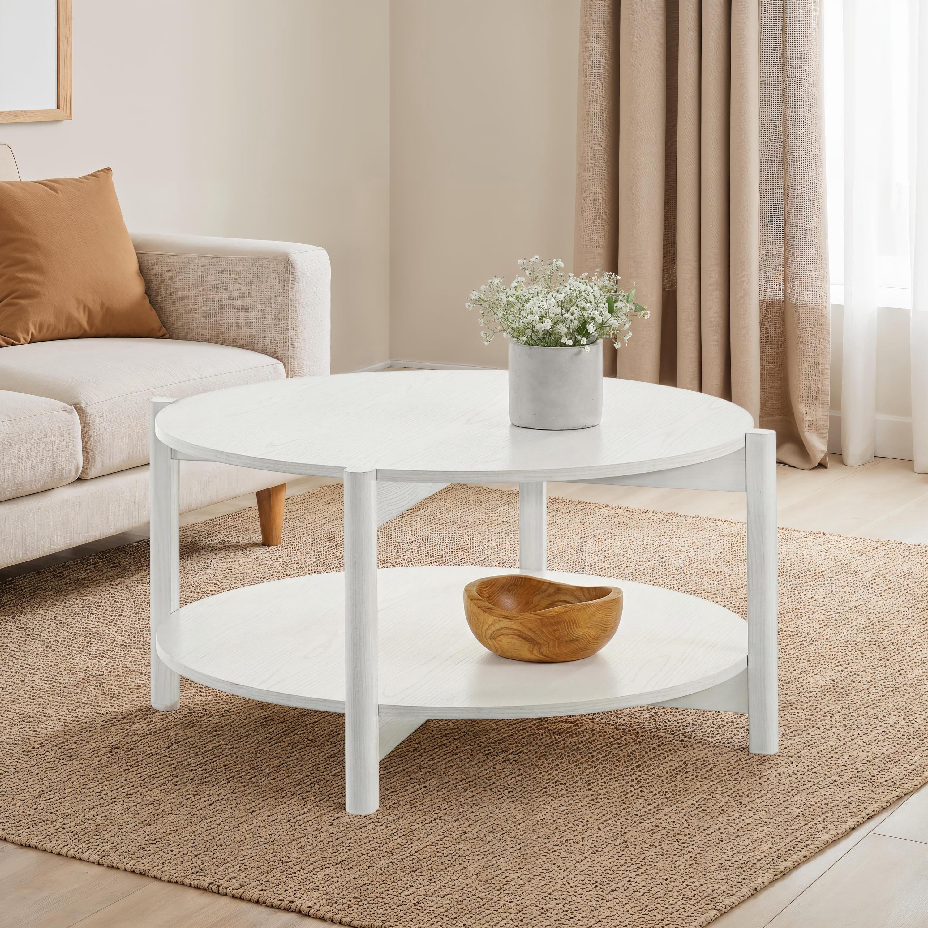 Furniture of America Afra Modern Wood Round Coffee Table with Open Bottom Shelf, White