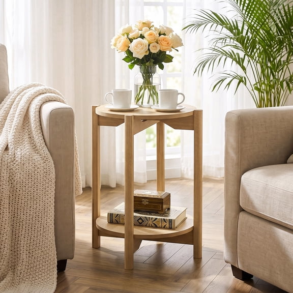 Furniture of America Afra Modern Wood Round End Table with Open Bottom Shelf, Natural