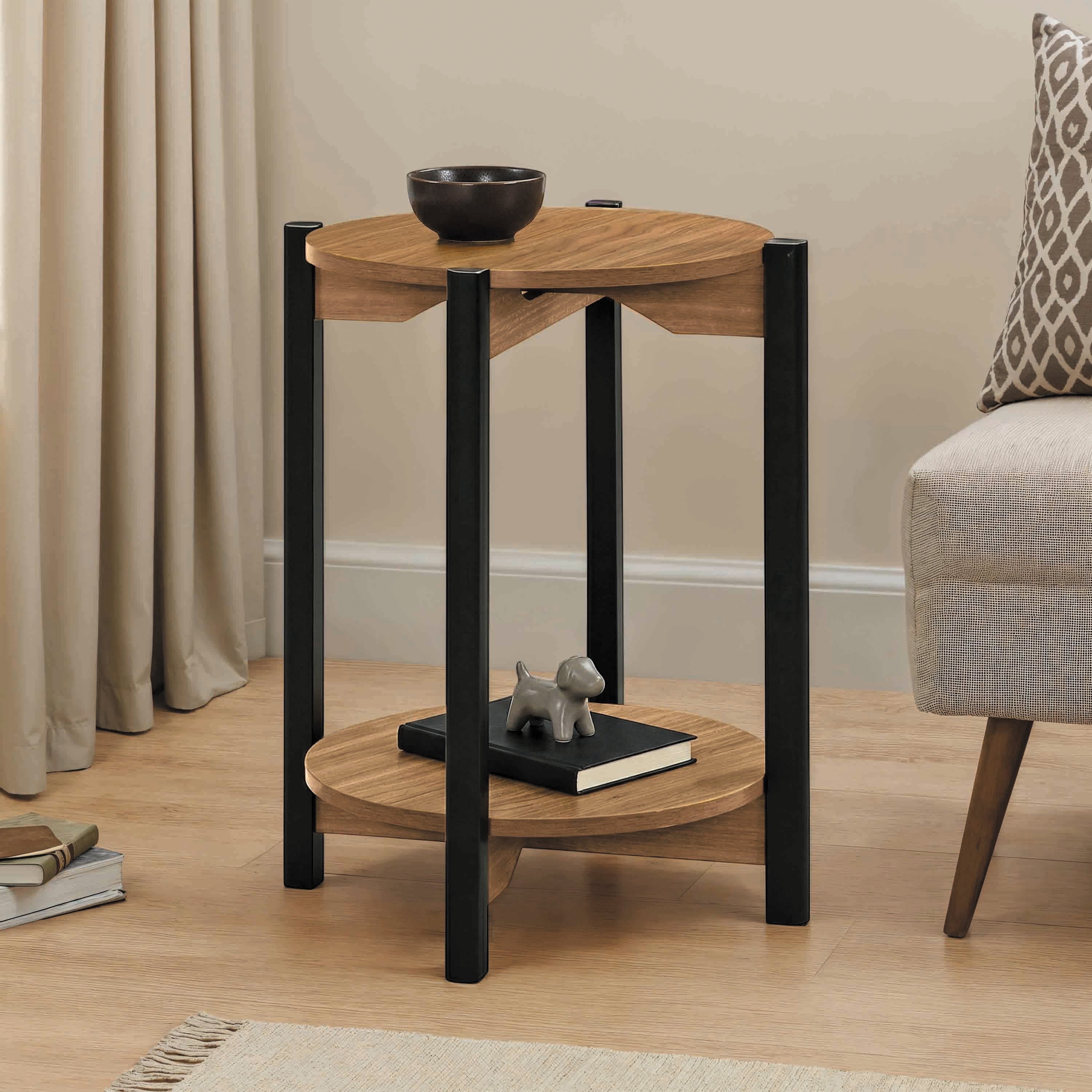 Furniture of America Afra Modern Wood Round End Table with Open Bottom Shelf, Walnut