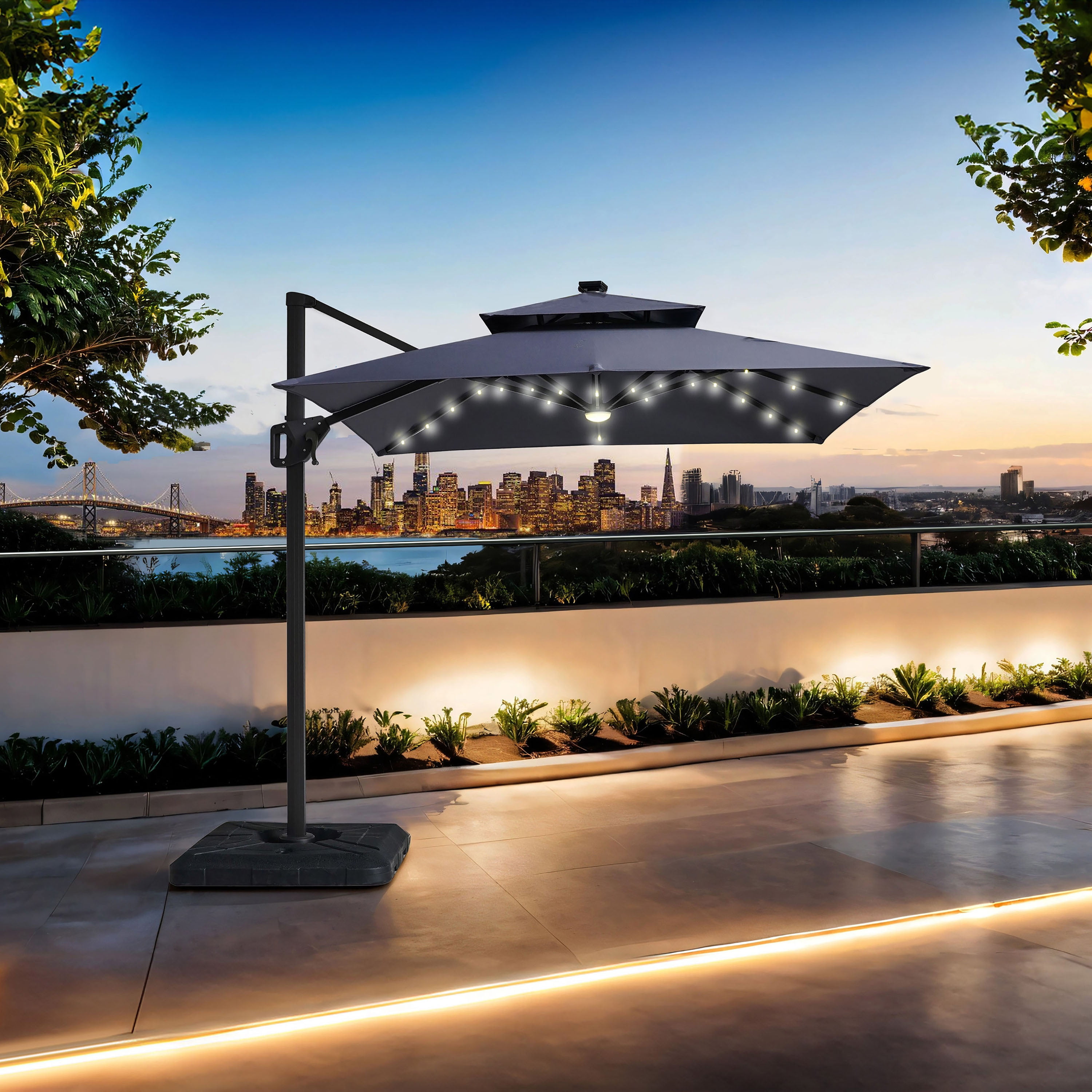 Gray Aluminum 99" Square Cantilever Patio Umbrella with LED Lights