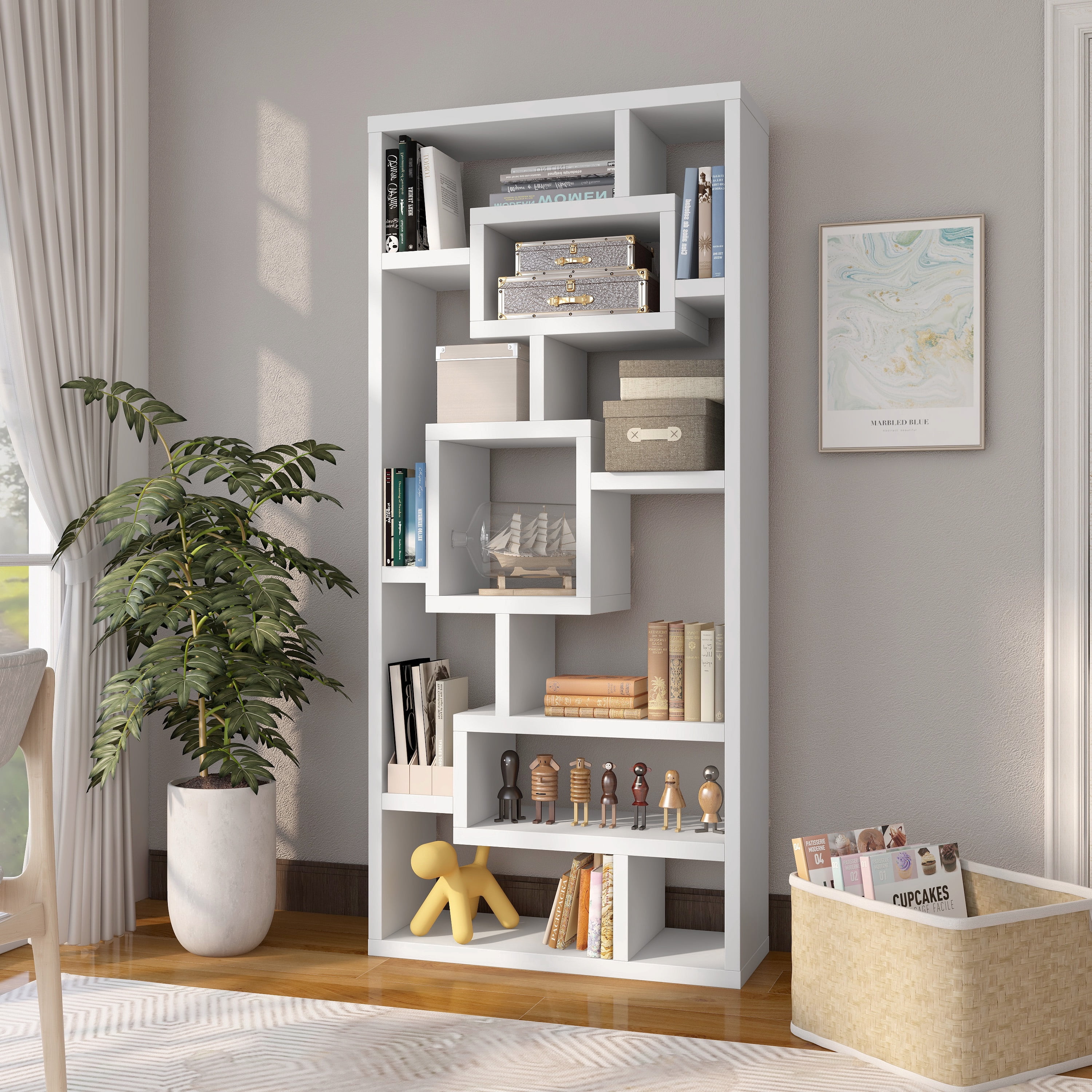 アジアスタイルシェルフ ホワイト　① 予約 Furniture of America Aix Modern 16-Shelf Geometric Bookcase, White