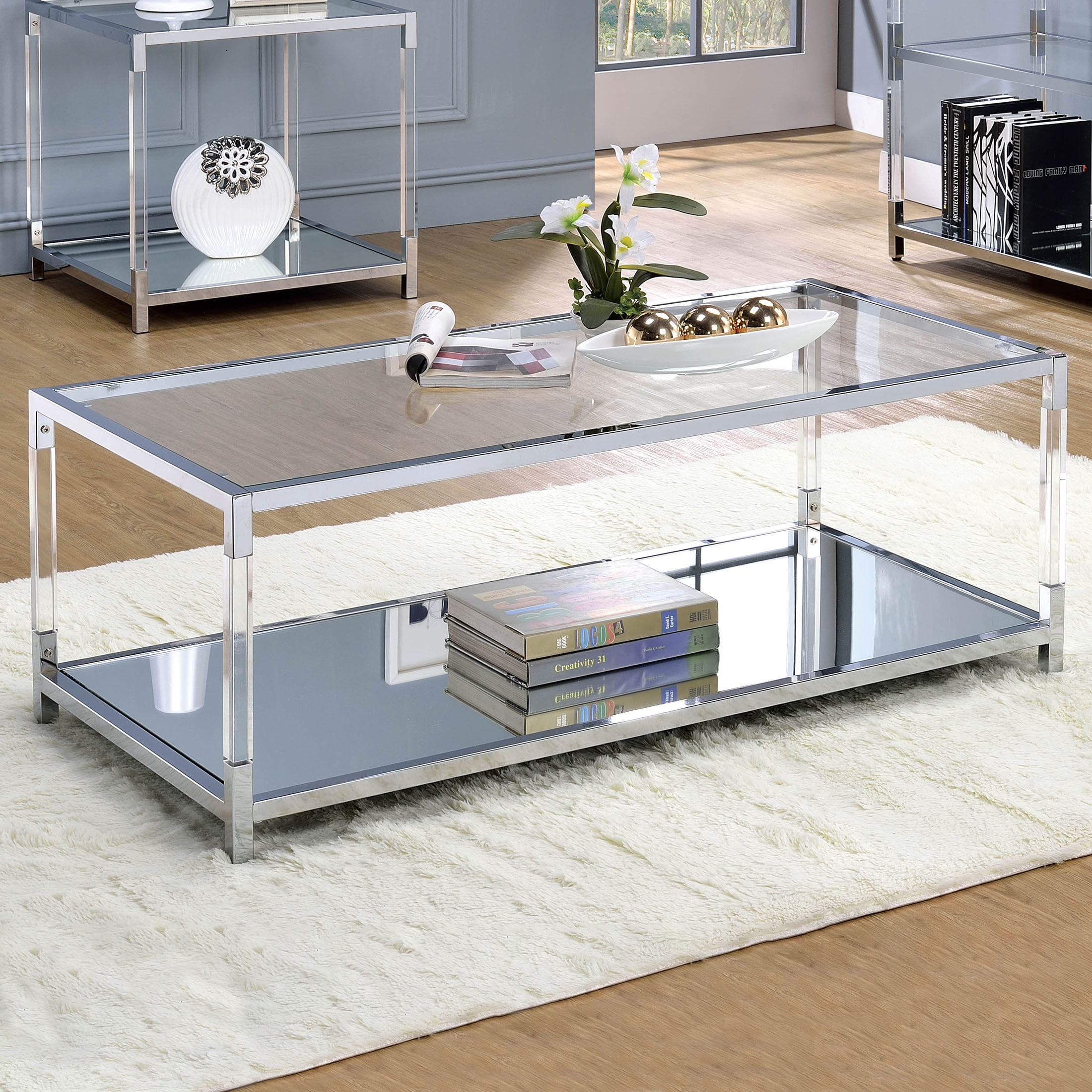 Furniture of America Ajani Glass Top Coffee Table, Chrome