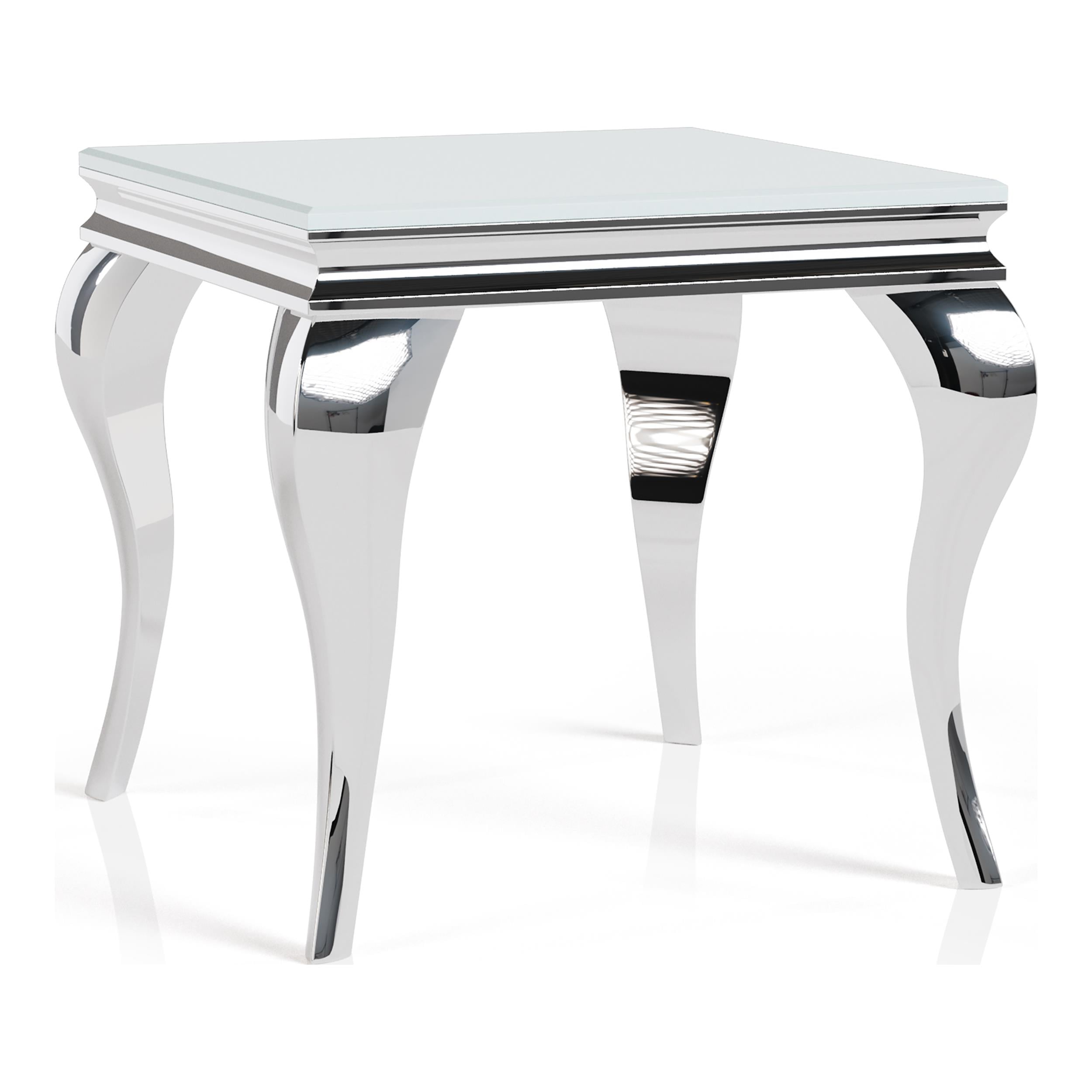 White and Silver Glass Top End Table with Cabriole Legs