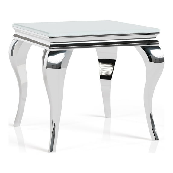 Furniture of America Alang Glam Glass Top End Table in White and Silver