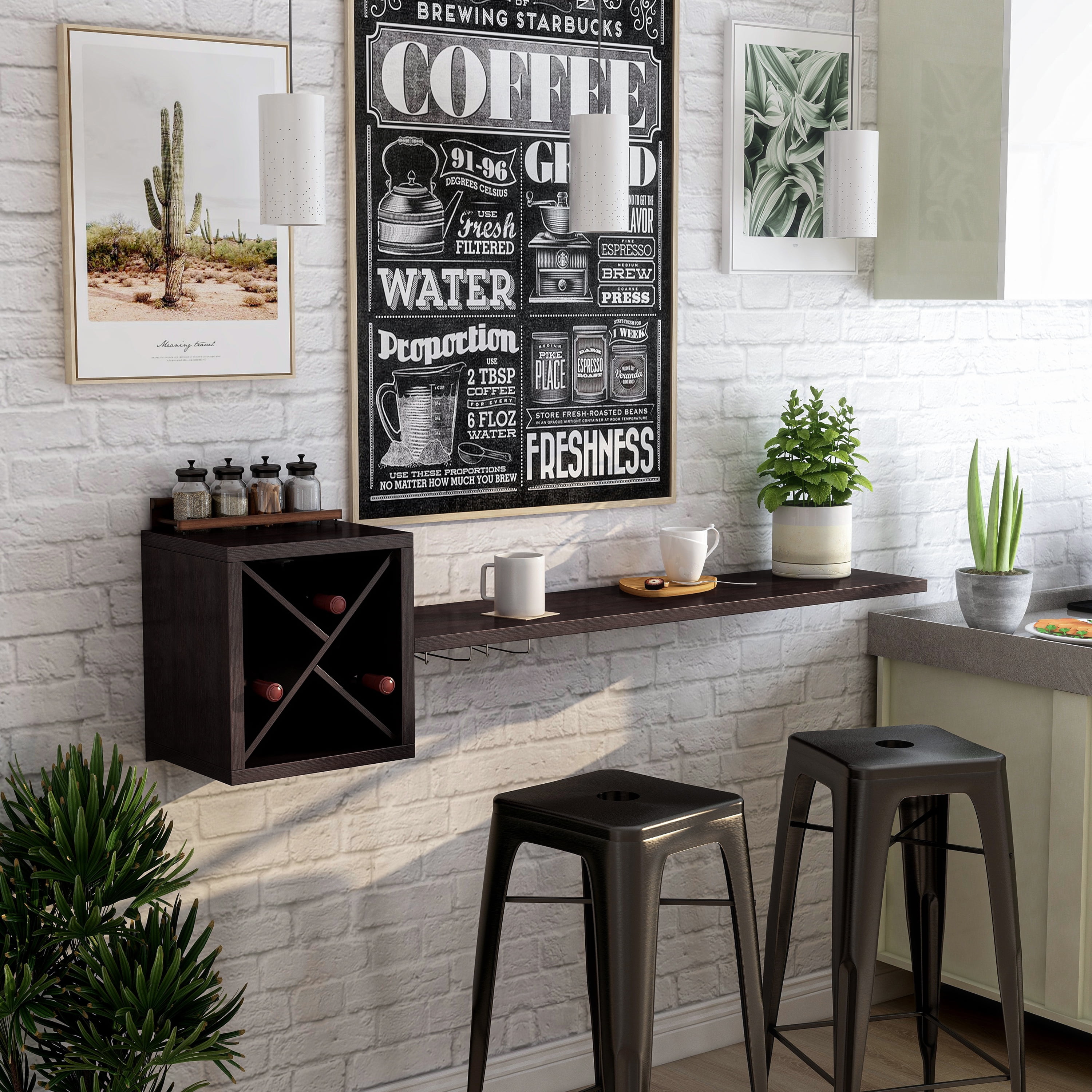 Furniture of America Alard Wall-Mounted Floating Wine Bar in Espresso Wood Finish