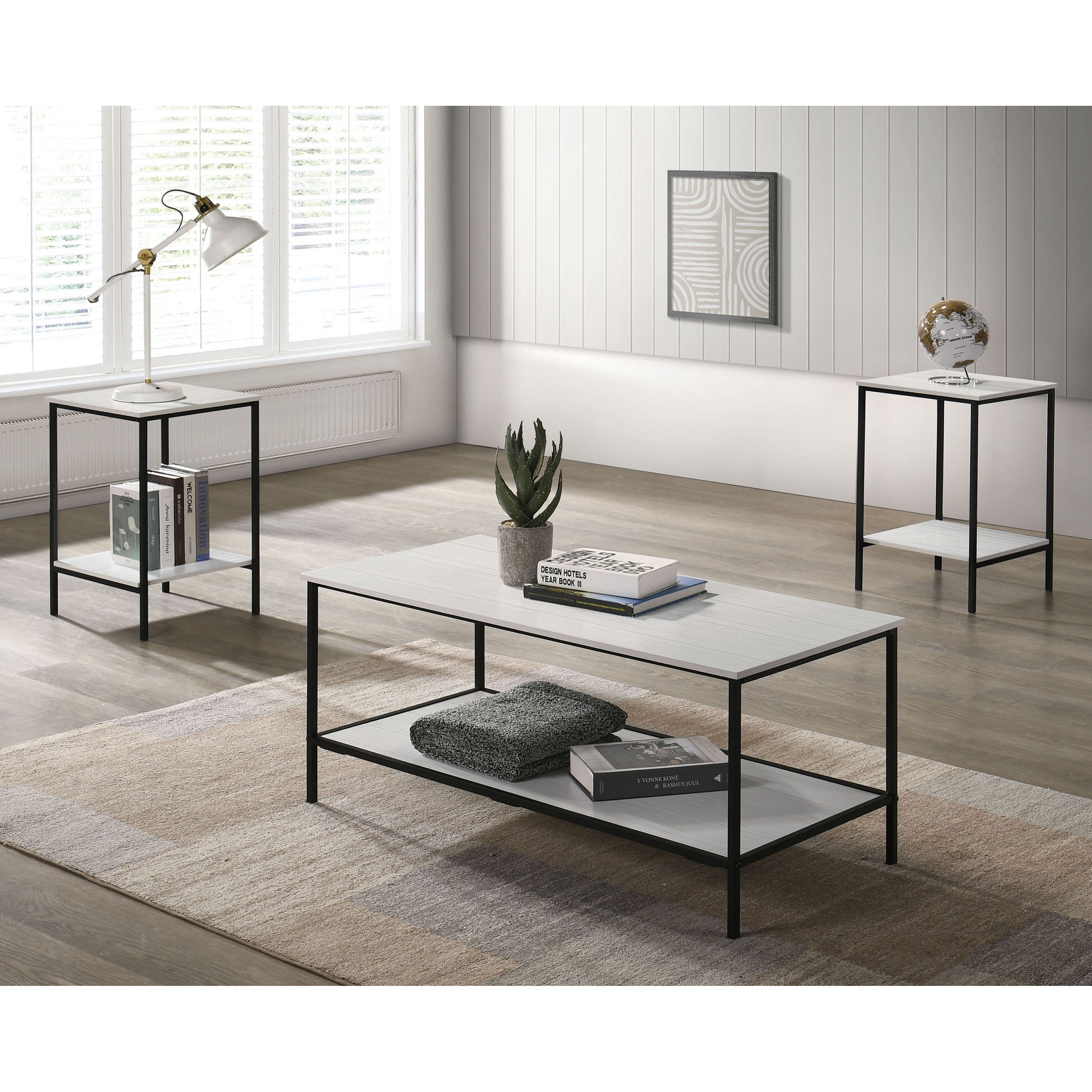 Furniture of America Allia Rustic Open Shelf 3-Piece Accent Table Set, White