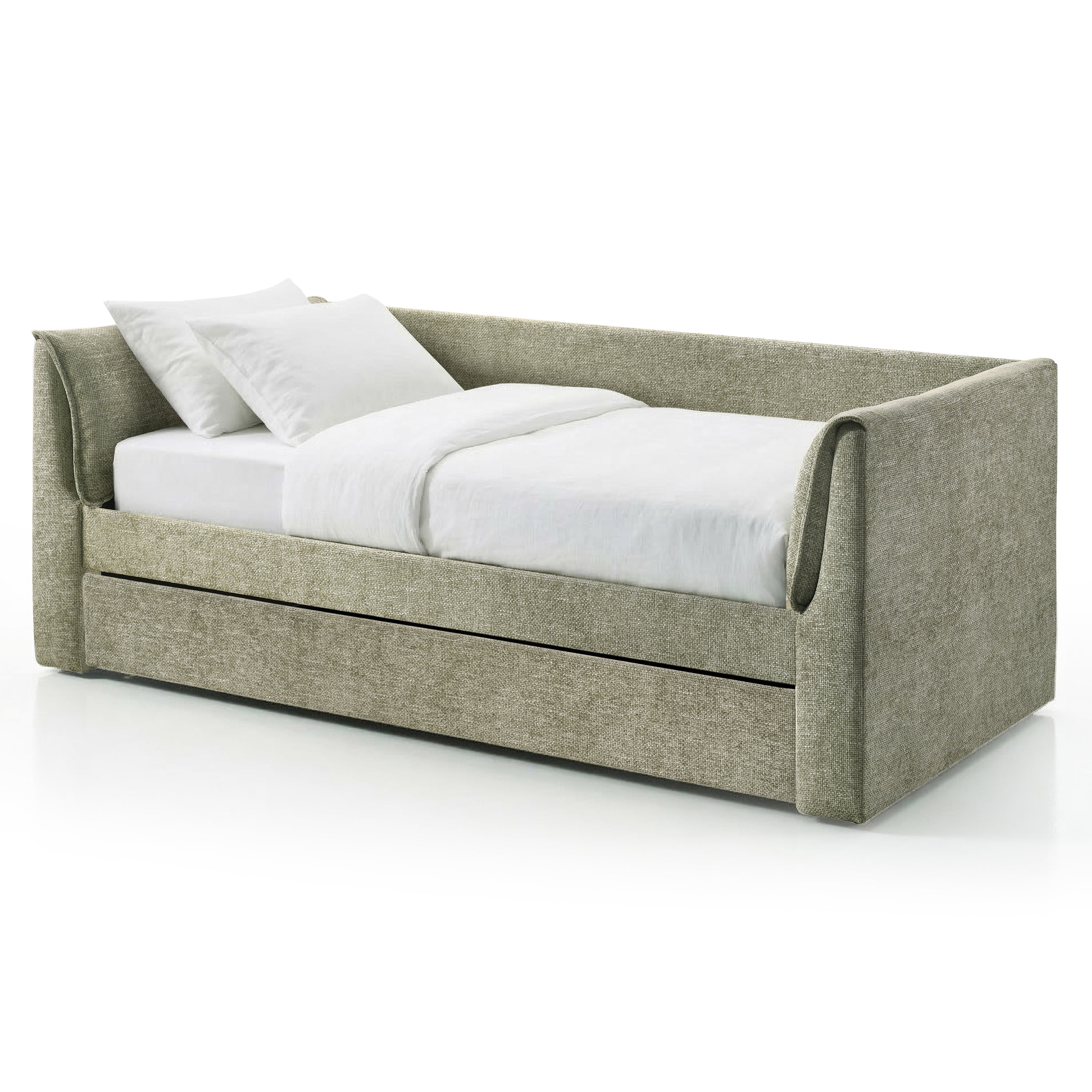 Furniture of America Alonsa Fully Fabric Upholstered Track Arm Twin Daybed with Trundle, Light Green