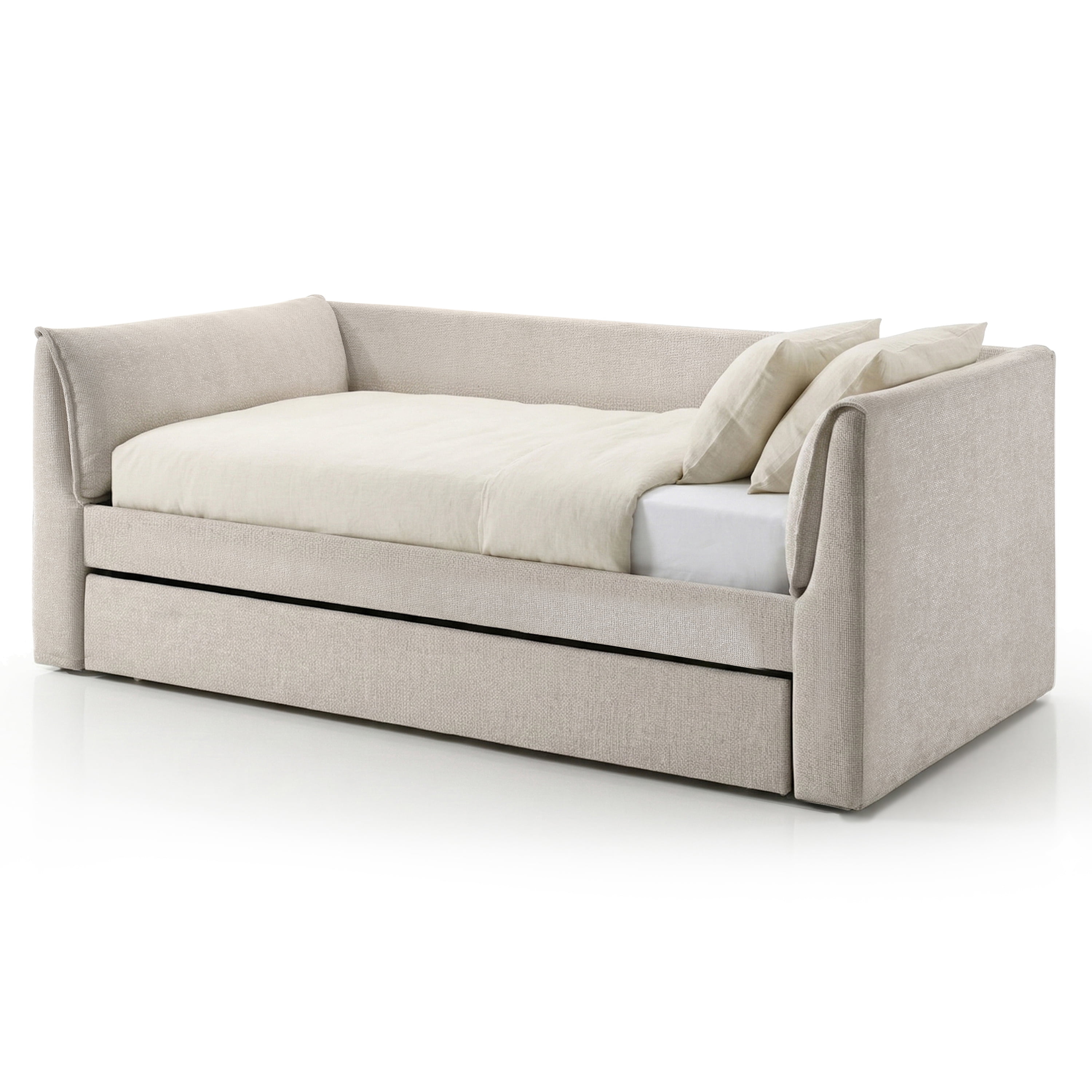 Furniture of America Alonsa Fully Fabric Upholstered Track Arm Twin Daybed with Trundle, Pearl White